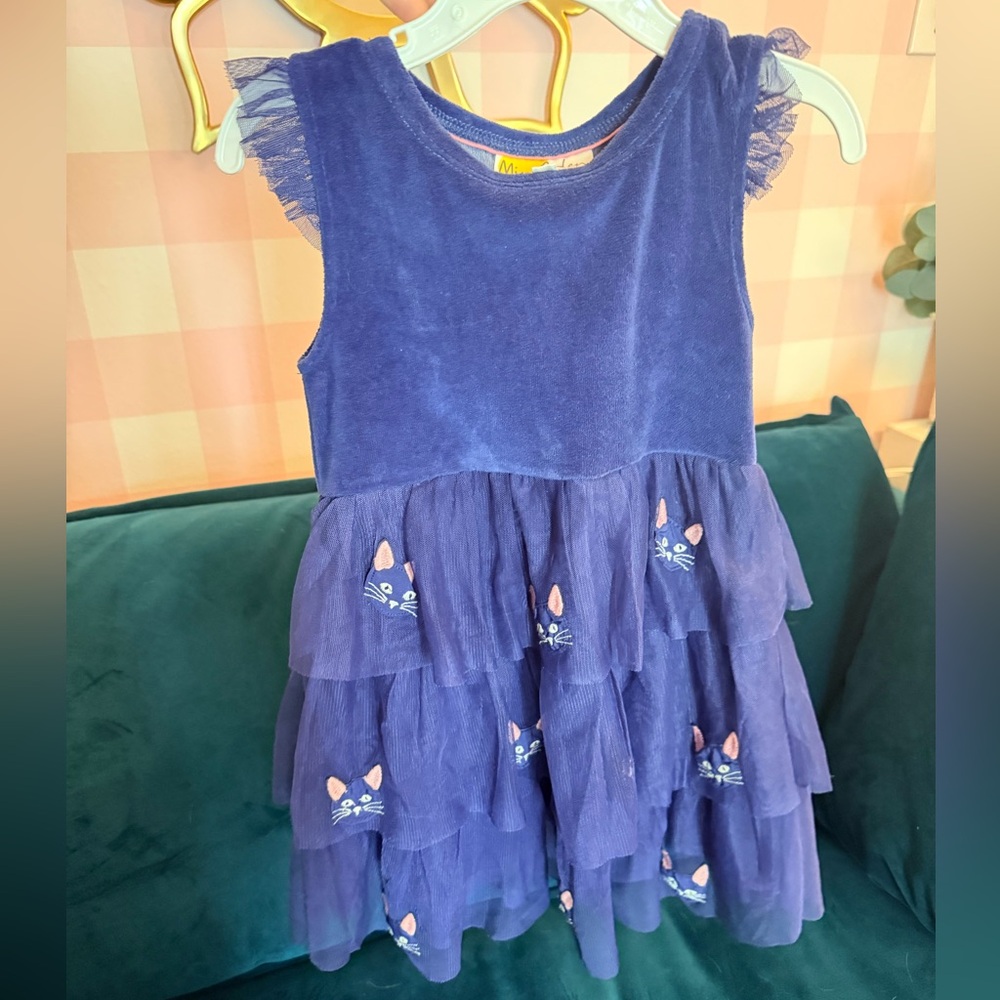 Mini Boden Navy Tiered tulle Dress with Cat Embroidery